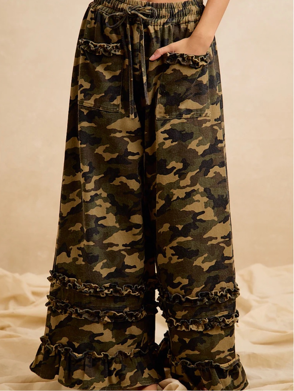 💕Arrives July! Bibi Camo Ruffle Wide-Leg Twill Pants
